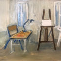 <i>Latelier Vallauris</i> 2020. Oil on board framed in oak. 33.5x 43 cm