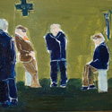 <i>The regular meeting Avenue George Clemenceau</i>  2020. Oil on board framed in oak. 18 x  24 cm