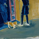 <i>Le chien with the ballet feet outside Caf du Coin</i> 2020. Oil on board framed in oak. 33.5x 43 cm