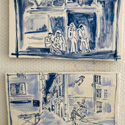 Selection of 2 tiles <i>Meeting on the steps of glise  Sainte Anne- Saint Martin</i>, Vallauris, 2020 and AIR Vallauris and <i>Caf du Coin Place Lisnard</i> 2020. Ceramic hand painted tiles 1-10,Vallauris, 2020. Each tile 16.5 x 29 cm