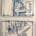Selection of 2 tiles <i>Petrus the sculptor</i> 2020 and <i>Family on the steps Rue Clement Bel</i>  2020. Ceramic hand painted tiles 1-10, Vallauris, 2020. Each tile 16.5 x 29 cm
