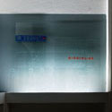 <i>Storyboard #96, 2008</i>. Linden Centre for Contemporary Arts. Etched glass, vinyl, timber, flouro lighting