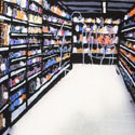 <i>Monoprix</i>, detail, 2001. Cit Internationale des Arts and Mass Gallery. Etched glass, enamel paint, timber, 30 x 50 x 5cm