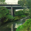 <i>Merri Creek St Georges Rd Bridge</i> 2020. Oil on board framed in raw oak. 42 x 52 cm