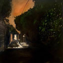 <i>Red Dust sky laneway North Fitzroy</i> 2020. OOil on canvas. 51 x 51 cm  (20 x 20 in. for the Tacit 20 x 20 show)