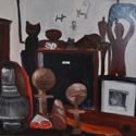 <i>Still life with Danson Manzini sculptures, Cameron Robbins magnetic DAccredation, Ghanaian fertility sculptures, New Guinea sculptures,. Osker sculptures, coral, dilly bag, Osker drawing</i> 2015. oil on masonite board. 47cm h x 61cm w