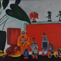<i>Still life with robots, Mexican ornaments Anthurium, Carries orange glass sculpture</i> 2016. oil on masonite board, 47cm h x 61cm w