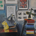 <i>Still life with scotty light, Rene Kulitja kangaroo, Stephen Hayley astroboy, Rhonda Sharpe 'bird',. Osker Morieson watercolour, Joanne Nangala painting, Vietnam cats, globe, books, vintage light/i> 2015. oil on masonite board. 41cm h x 61cm w