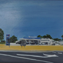 <i>Roadhouse, A39, on way to Numurkah</i>, 2016. oil on masonite board, 47cm h x 61cm w