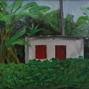 <i>Kumarakom Kerala house with red door</i> 2016. oil on masonite board, 47cm h x 61cm w