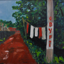 <i>Kumarakom Kerala road with washing</i> 2016. oil on masonite board, 47cm h x 61cm w