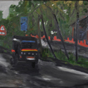 <i>Kumarakom Kerala wet road with auto</i> 2016. oil on masonite board, 47cm h x 61cm w
