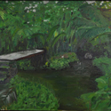 <i>Kumarakom Kerala bridge</i> 2016. oil on masonite board, 47cm h x 61cm w