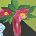 <i>Camelias in red vase</i> 2023 - 2025. Oil on canvas framed in oak
36 x 23 cm