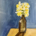 <i>Daffodils in brown bottle</i>  2023 - 2025. Oil on board framed in oak
36 x 23 cm