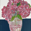 <i>Hydrangeas in pink glass vase</i>. Oil on board framed in oak
36x 23 cm